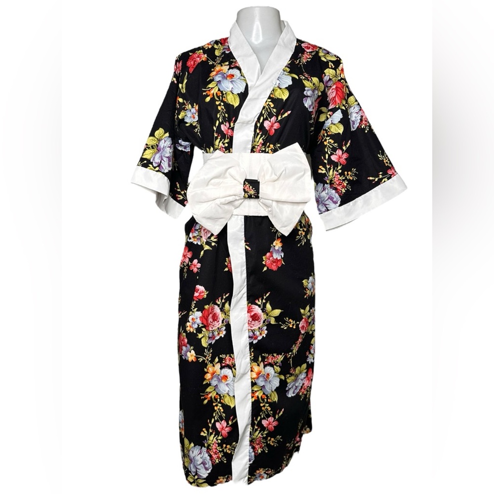 VTG Floral Japanese Kimono Robe with Obi Belt Black Cotton with Colorful Flowers